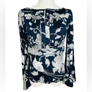 Catherine Malandrino Navy and White Floral Open Back Blouse Size S